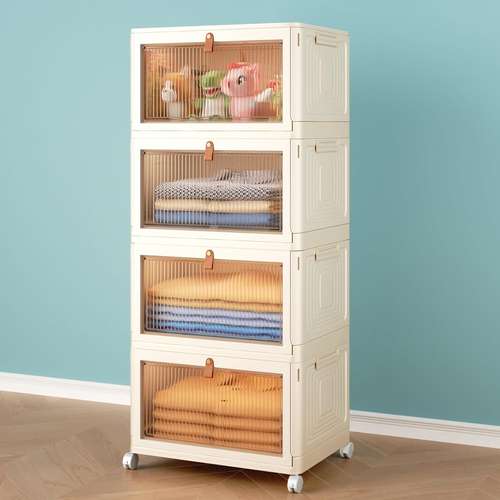 4 Tier Stackable Plastic Storage Bins with Lid and Wheels - 23 QT Closet Organiz