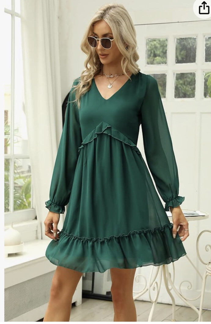 Manydress L Green V Neck Chiffon Tiered Ruffle Swing Mini Dress Long Sleeves  | eBay