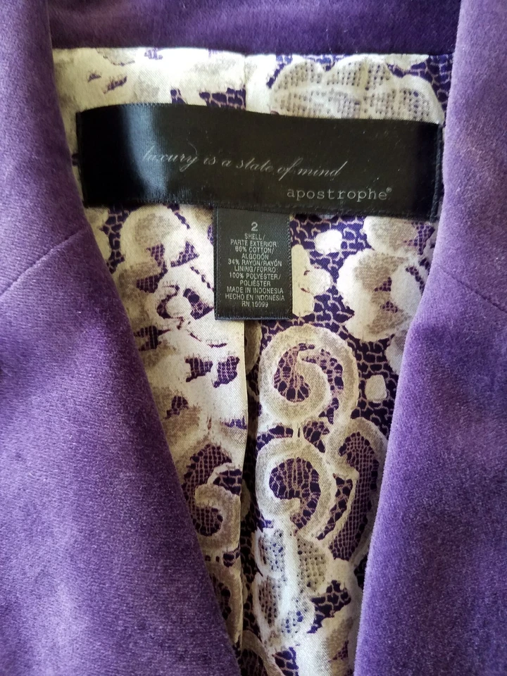 Blazer APOSTROPHE Púrpura Gamuza Pecho Único con Interior Paisley Mujer Talla 2 Foto 3 de 4