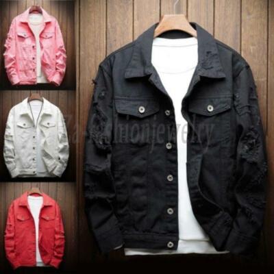 M-7XL Mens Denim Jacket Ripped Jean Distressed Button Jackets Coat Overcoat Tops