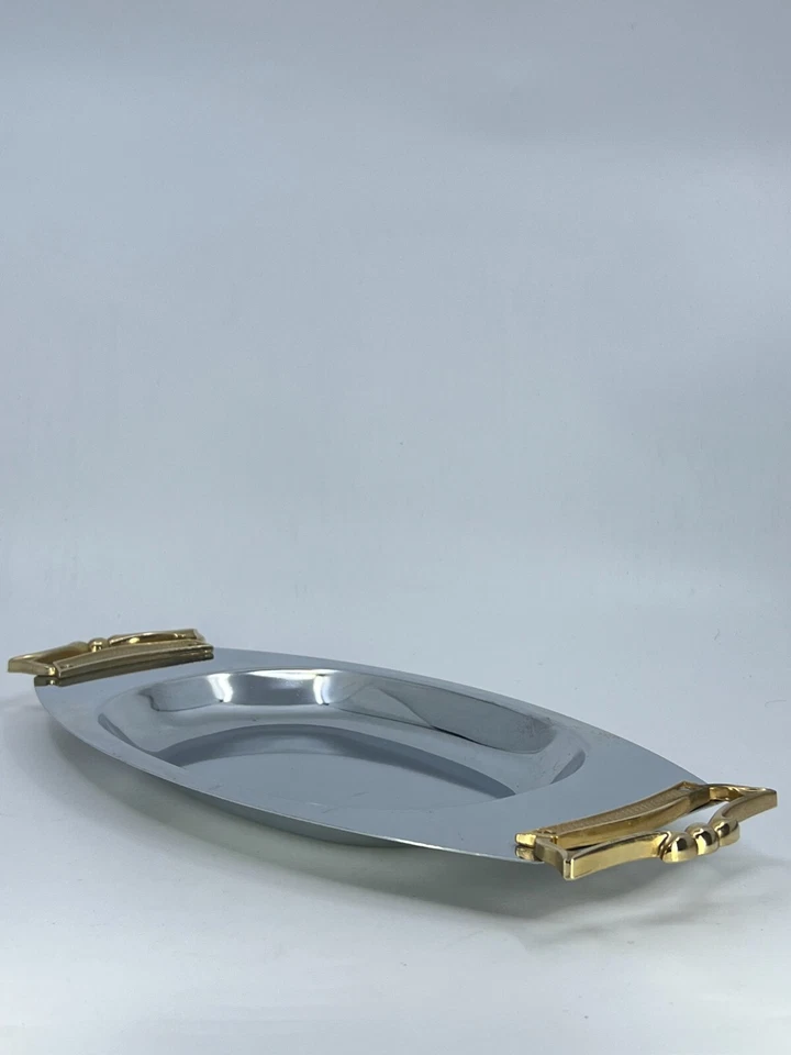 Vintage Kromex Tray w/ Brass Handles Serving Platter / Trinket Dish / Tray 14”L - Image 2 of 4