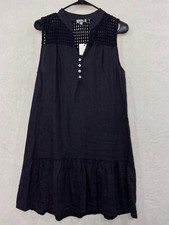 Rosemarine Linen Dress S Italy Navy Blue Sleeveless Ruffle Mesh Neckline NEW
