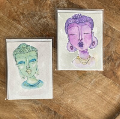 watercolor greeting cards Set Of 2 Buddha Yoga Zen Blank Summer OOAK Friendship