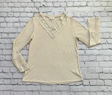 Sugarfox Women’s L Cream Boho Lace Trim V-Neck Rib-Knit Sweater Blouse
