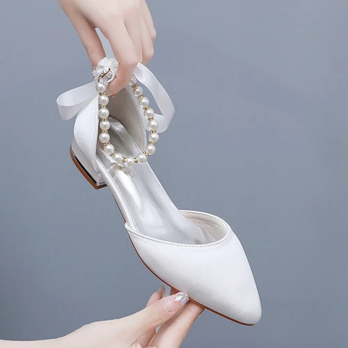 Braut Hochzeit Flach Schuhe Perlen Spitz Sandalen Bequeme Damen Party Schuhe Neu - Bild 9 von 32