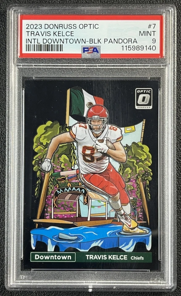 TRAVIS KELCE PSA 9 2023 DONRUSS OPTIC 7 INTERNATIONAL DOWNTOWN BLACK PANDORA /25