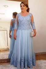 Elegant A-Line Mother of The Bride Dresses Lace Long Blue Tulle Floor Length