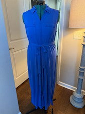 Talbots Blue Solid Shirt Dress Womens XL Collared Sleeveless Midi Belted Stretch