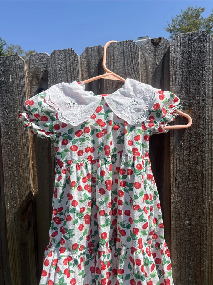 Pink Berry Vintage Fruitty Cherry cherries party Dress Girls Sz 7 eyelet collar - Image 3 of 4