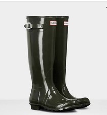 Hunter Womens Original Tall Gloss Waterproof Rubber Rain Boots Size 7 Dark Olive
