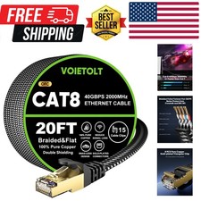 Cat 8 Ethernet Cable 20 FT Flat, High Speed 40Gbps 2000Mhz Braided Internet C...