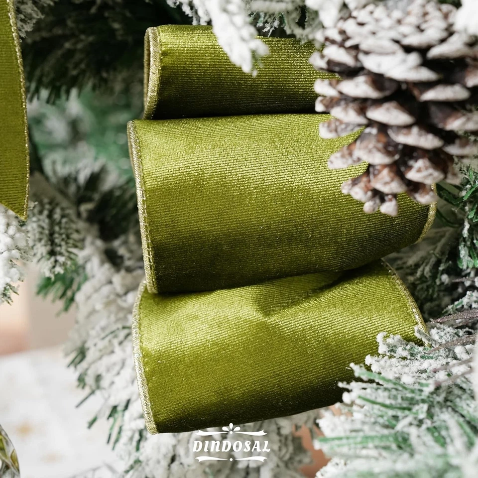 Моховая зеленая проводная лента 4 дюйма x 10 ярдов темно-зеленая бархатная лента с золотом... - Изображение 3 из 4