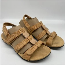 Vionic Amber Sandals Sz 7W Cork Gold Adjustable Orthaheel Comfort Tan Hook Loop