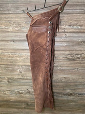 Western Cowboy Chaps Handmade Suede Leather Riding Pant Fringed Braided Chinks