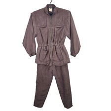 Womens Vintage Outbrook Brown 100 Silk 2 Piece Jacket Pant Set Outfit Size S
