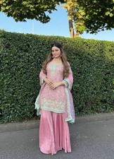 Classic Look Chinnon Silk Pink Kurti Palazzo With Dupatta For Women Party Wear