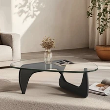 Vintage Noguchi Coffee Table with Solid Wood Base Clear Triangle Glass Walnut