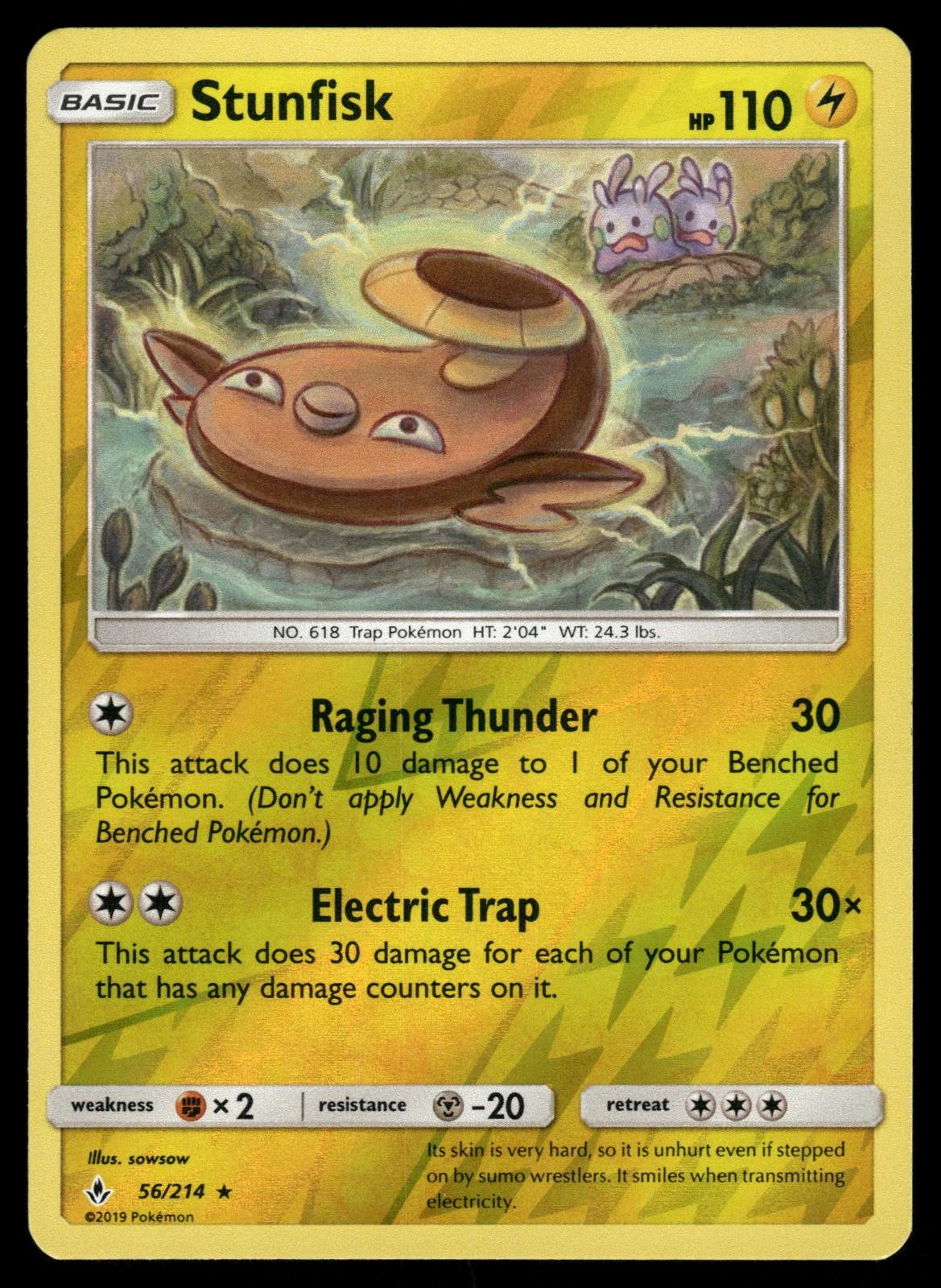 Stunfisk 56/214 Rare Unbroken Bonds Pokemon Reverse Holo NM