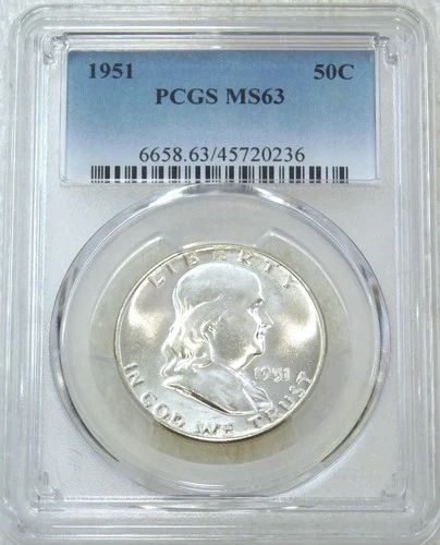 1951 P Franklin Half Dollar PCGS MS63 95% FBL Frosty White PQ New Holder #B273A