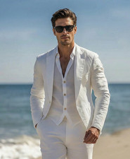 Men's White Pure Linen 3 Piece Suit Slim fit Summer Beach Suit Coat Pant Shirt