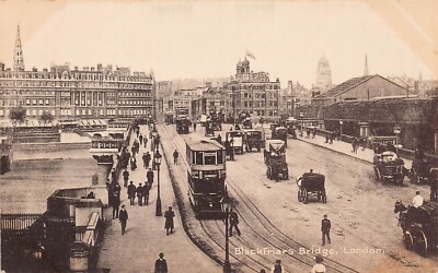 London England Blackfriars Bridge Downtown Trolley Early 1900s Vtg Postcard Z6