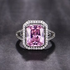 18K White Gold Plated Adjustable Birthstone Gemstone Pink Crystal Ring for Women