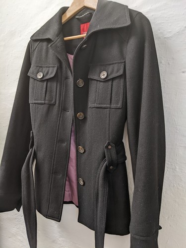 Esprit Size Medium Black Wool Jacket With Adjustable Waist Strap Mid Length - Picture 5 of 10
