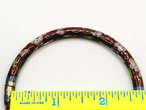 Cloisonné Asian Inspired Red Brown Floral Hand Painted Hinged Bangle Bracelet - Picture 10 of 24