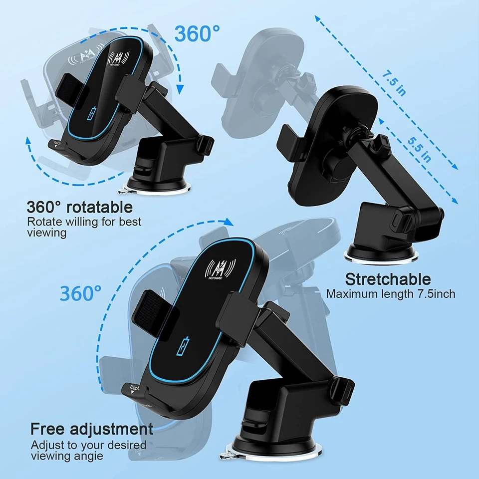 KKM Supporto Porta Telefono Ricarica Rapida Wireless 15W Caricabatteria da Auto - Immagine 3 di 4