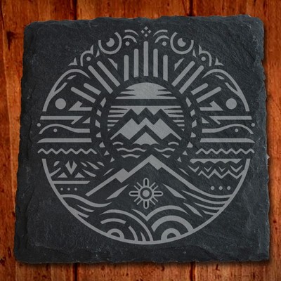 Tribal Zia Sun Mountain Symbol Graphic Rendering Slate Coaster Laser Engraved
