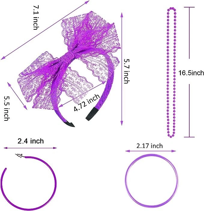 80s Costumes Women, Lips Print T Shirt Lace Headband Earrings Necklace Bracelet - Image 2 of 4