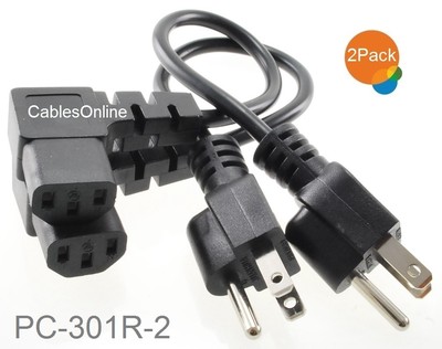 2-Pack 1ft Right-Angle AC 3-Prong Power Cable, NEMA 5-15P / IEC320 C13