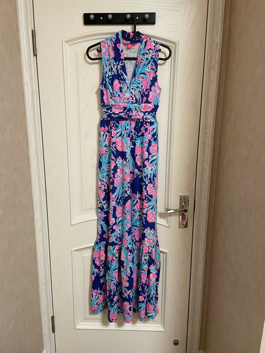 LILLY PULITZER Pearce Ruffle Maxi Dress Corsica Blue Toucan