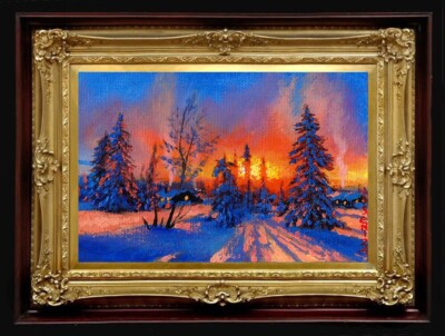 WINTER SONNENUNTERGANG III Original Ölgemälde Nordlicht Reflexionen OHNE RAHMEN 