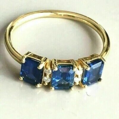 3.CT Three Stone Wedding Ring Lab Created Sapphire 14K Yellow Gold Plated Silver