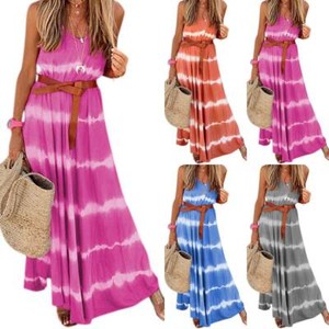 Womens Sleeveless Wave Print Long Maxi Dress Summer Casual