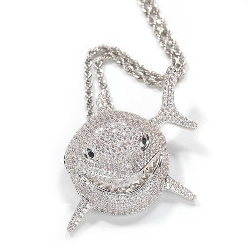 HOT Cartoon Shark Hip Hop Jewelry Gold Fill Full Micro Pave CZ Pendant Necklace - Picture 7 of 11
