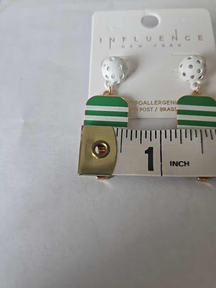 Preppy Green & White Stripe Pickleball Paddle Dangle Earrings