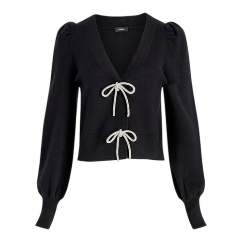 EXPRESS V-Neck Rhinestone Bow Black Cardigan Womens Size XS Snap Closure - Picture 3 of 14