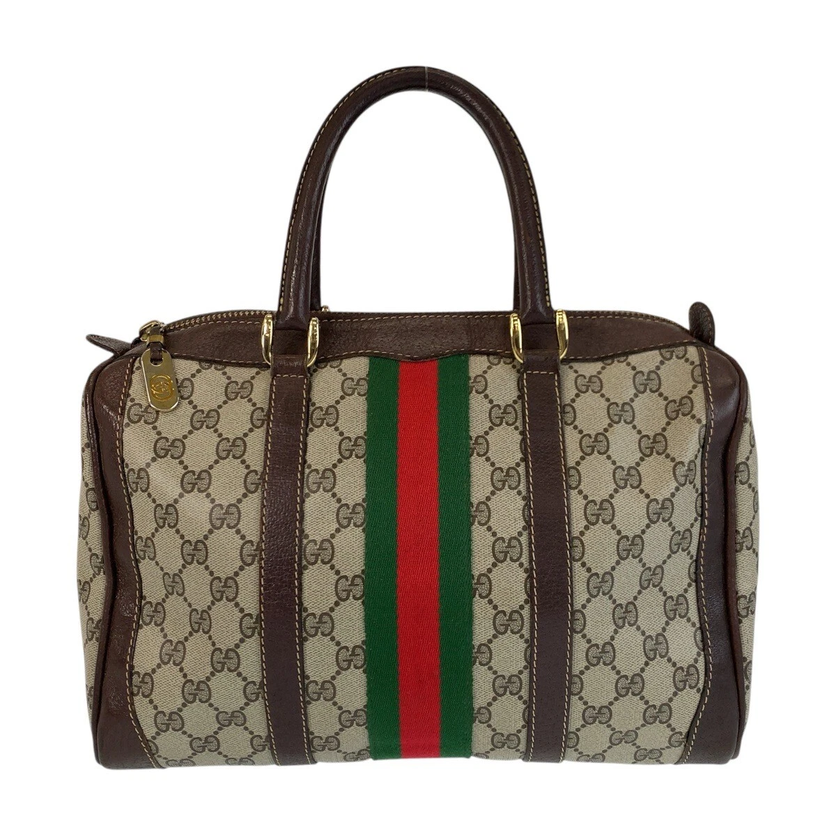 Sac à main GUCCI Web Stripe sac boston marron beige matériel doré GG toile suprême