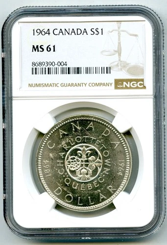 1964 S$1 CANADA SILVER CHARLOTTETOWN QUEBEC NGC MS61 UNCIRCULATED DOLLAR COIN