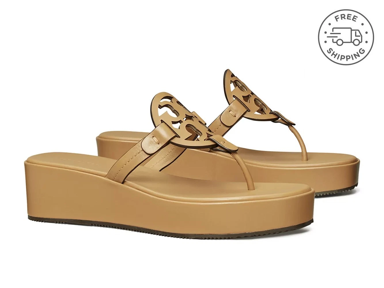 Tory Burch Miller Wedge Sandals Ginger Shortbread Leather Women's Shoes US 8