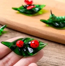 Hand Blown Art Glass 2 Lady Bugs on leaf Figurine