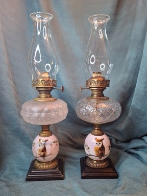 Pair Opal Antique Victorian Oil Lamps Hand Painted Owl Milk Glass Cast Iron 20''