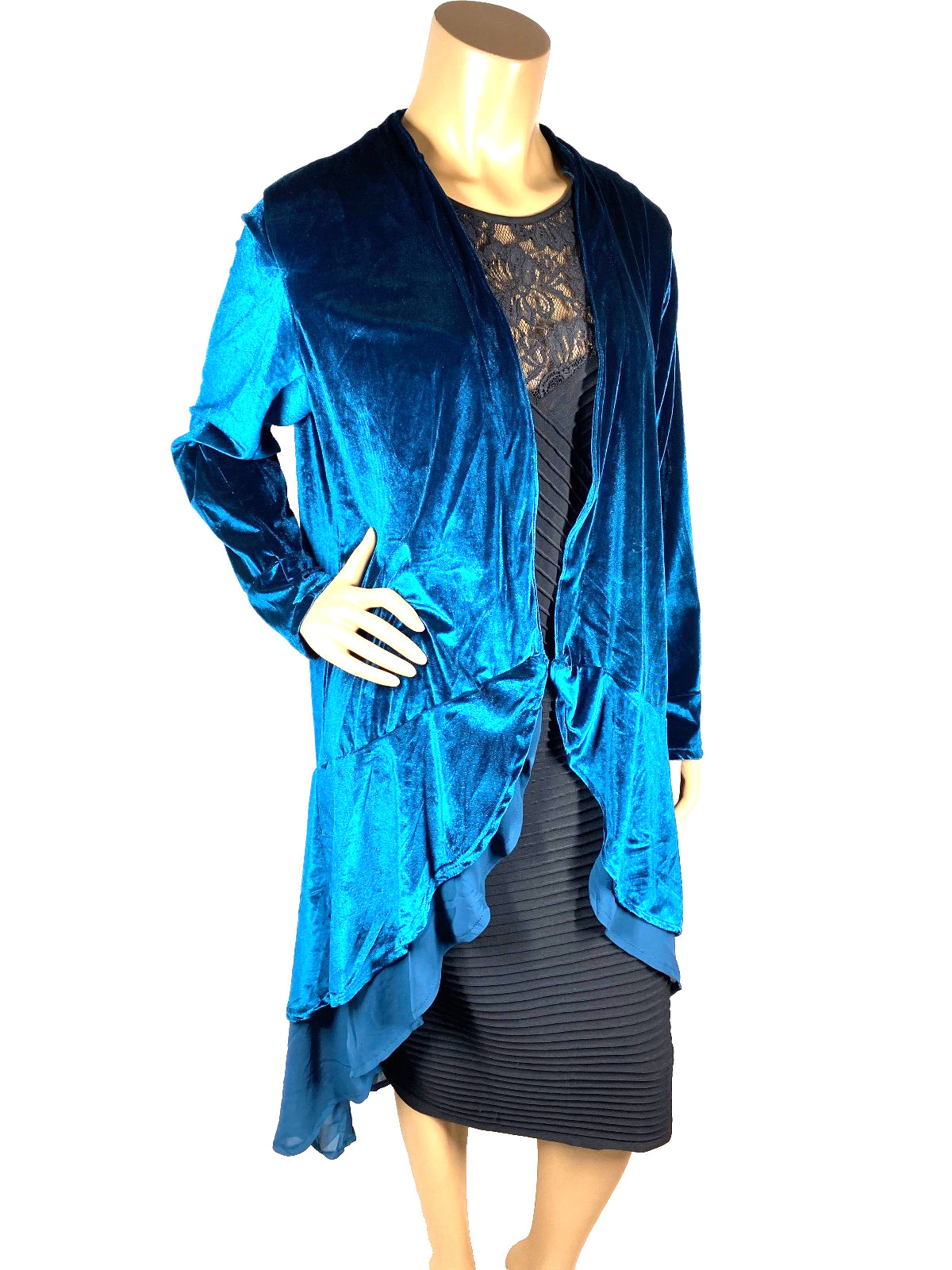Urban Coco Teal Velvet Duster Open Cardigan Size L Chiffon Layer image 9