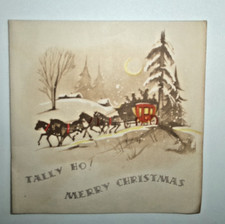 Vtg Christmas Card Shaded Background Homes Pines Front Coach Folks W.W.3C