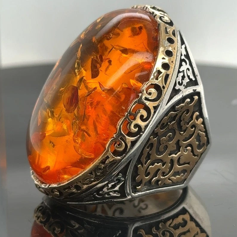 925 Silver Baltic Amber Men Orange Natural Amber Stone Ring - Image 2 of 4
