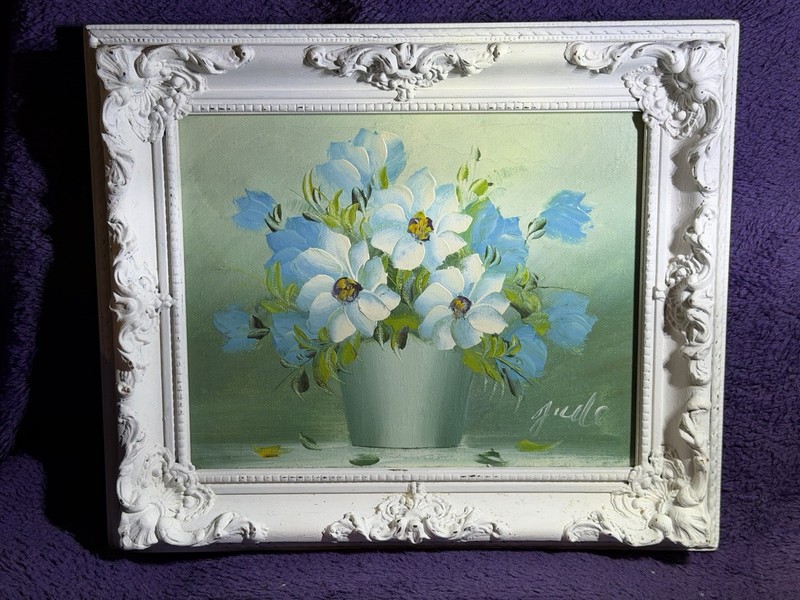 Ande Signed Framed Floral Still Life Painting 14x12 in Small