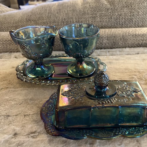 Blue Iridescent Indiana Carnival Glass Harvest Grape Sugar, Creamer, Butter Tray - Picture 1 of 7