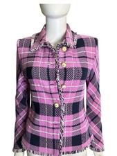 St. John Collection By Marie Gray Pink  Navy Plaid Raw Hem Jacket 2 Fall EUC